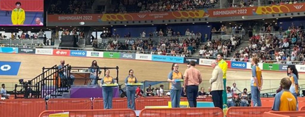Duke of Gloucester presenting medals at the Commonwealth Games