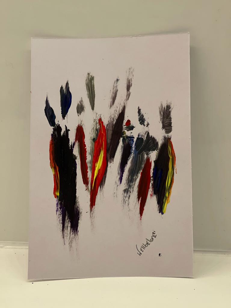 acrylic on card depiction of a group of people