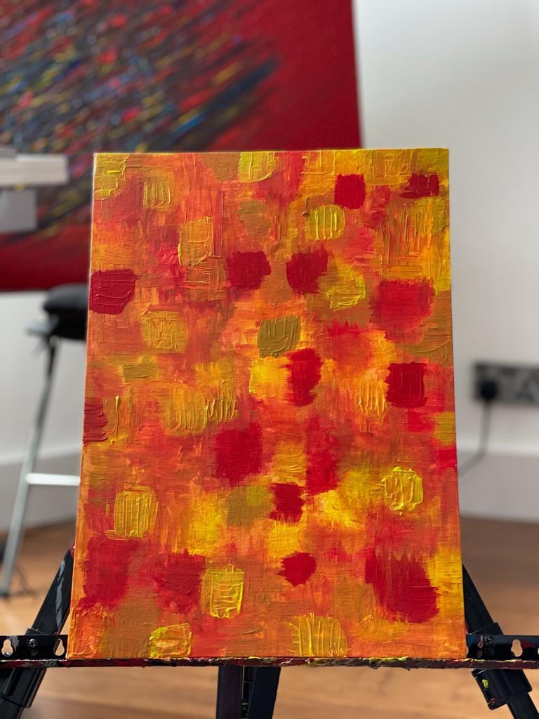 acrylic on canvas painting with patches of different colours